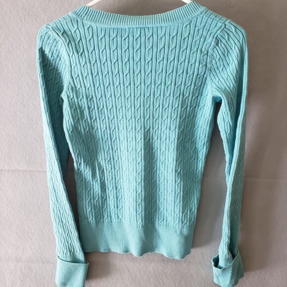 Talbots Womens Sweater Small Aqua Blue Pima Cotton Cable Knit Long Sleeve EUC - Picture 2 of 7